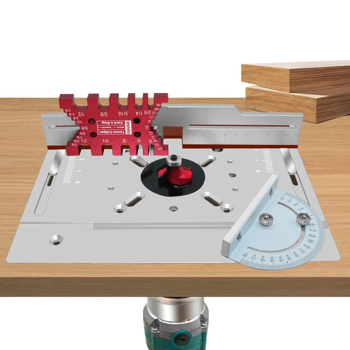 แผ่นรองเครื่องกลึงไม้ (Router Table Insert Plate) อลูมิเนียม พร้อมรั้วตัดเข้าลิ้น